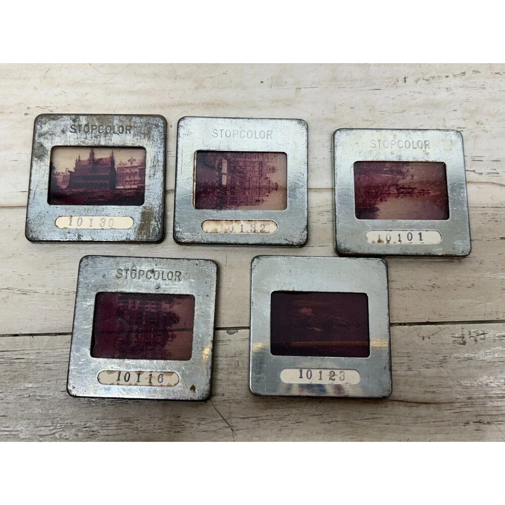 Vtg Stop Color Tin And Glass 5 Lantern Slides Brussels Buldings Made In Belgium